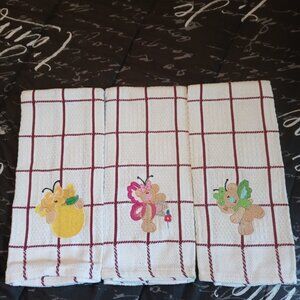 Kitchen Towels 3 PC Cotton Waffle Red Stripes Cute Embroidery Design 25x15 in.